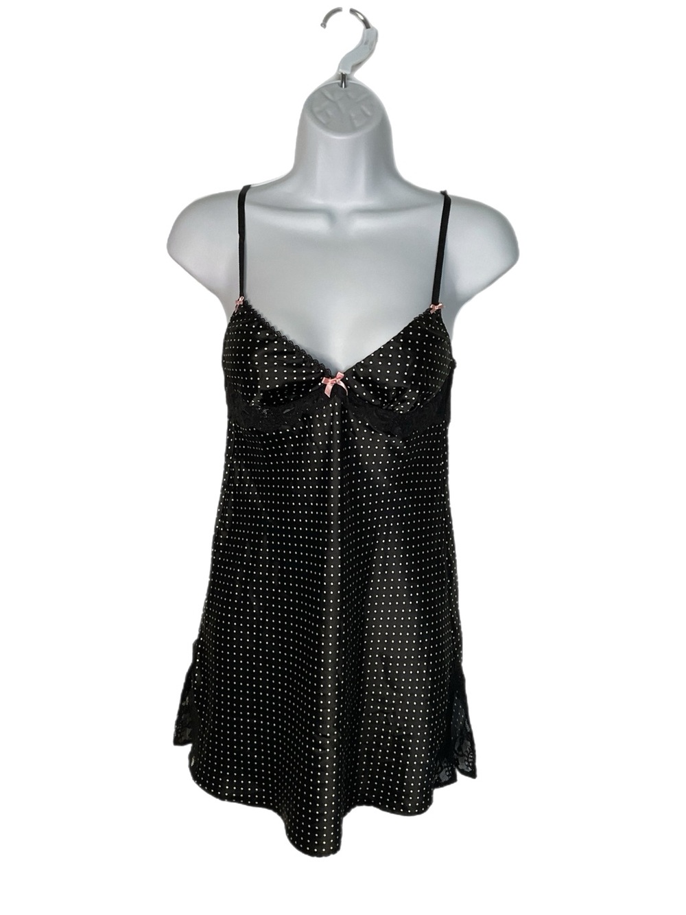 Victoria's Secret XS Black Satin Polka Dot Sexy Chemise Lace Slip Y2K - Picture 12 of 16